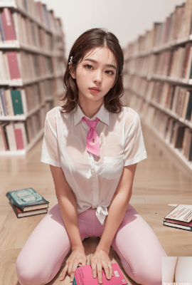 Девушка в розовых леггинсах в библиотеке