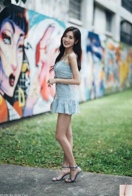 (Красивые ноги дополнительные) Длинные ноги модель Чжан Юн в синей короткой юбке, на высоких каблуках, красивых ногах (53p)